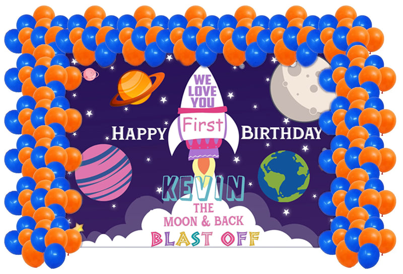 Space Birthday Party Decoration Kit With Personalized Backdrop.