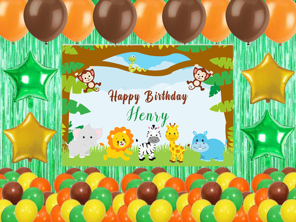 Jungle Safari Theme Birthday Party Complete Set with Personalized Backdrop