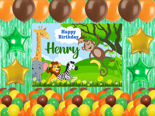 Jungle Safari Theme Birthday Party Complete Set with Personalized Backdrop