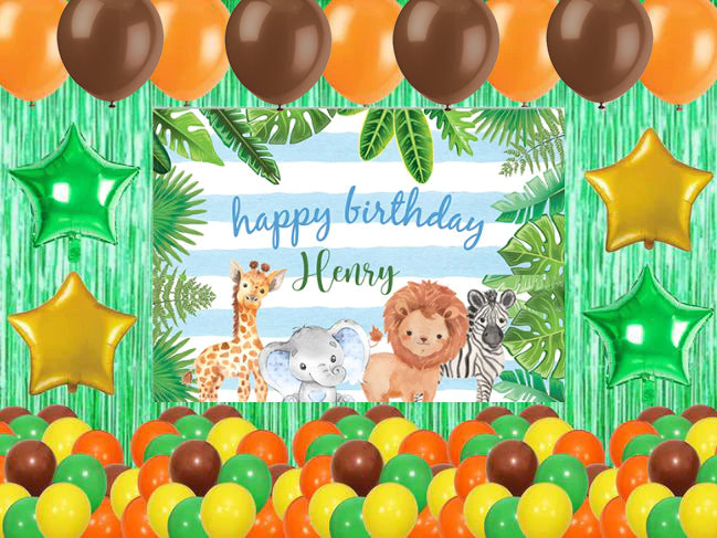 Jungle Safari Theme Birthday Party Complete Set with Personalized Backdrop