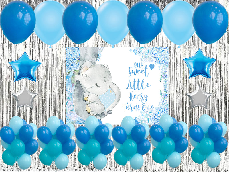 Baby Elephant Birthday Complete Party Set With Personalized Backdrop