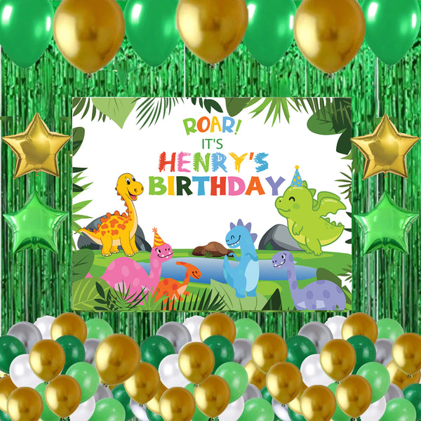 Dinosaur Theme Birthday Party Complete Set with Personalized Backdrop