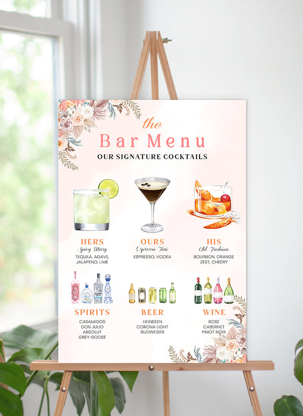 Boho Theme Wedding Signature Cocktails Menu Sign