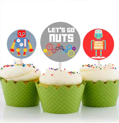 Robot Birthday Party Cupcake Toppers for Decoration