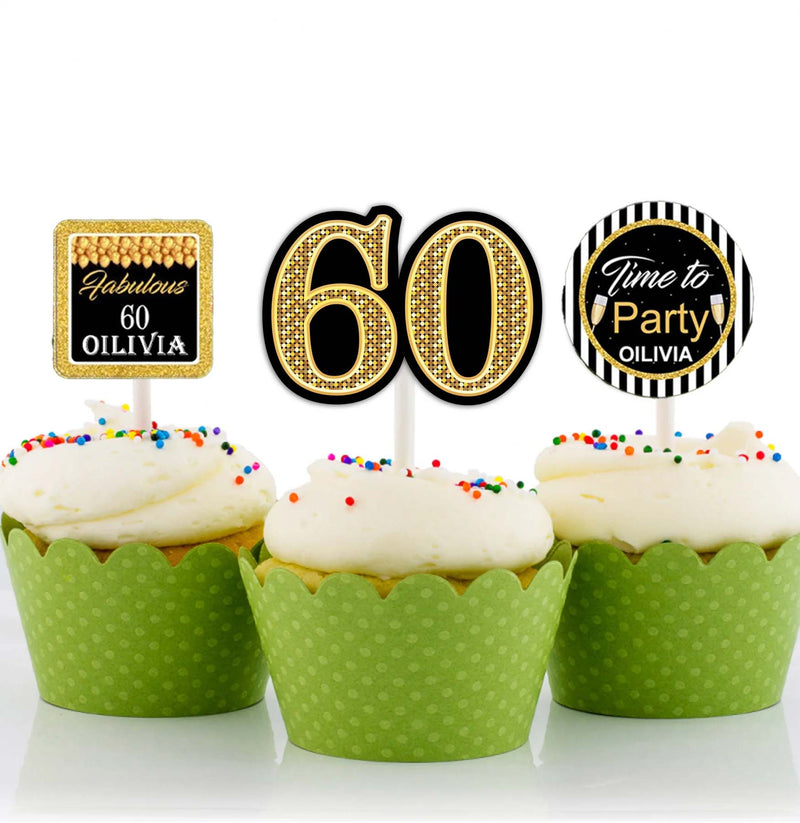 60th Theme Birthday Party Cupcake Toppers for Decoration