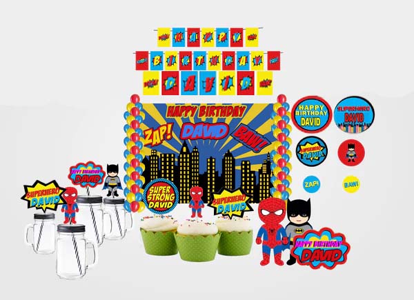 Super Hero Theme Birthday Complete Personalize Party Kit