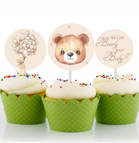 We Can Bearly Wait Theme Baby Shower Party Cupcake Toppers for Decoration