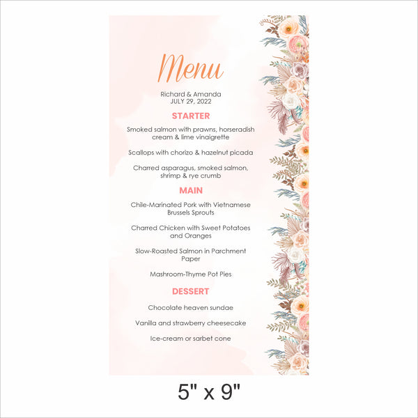 Boho Theme Wedding  Menu Card