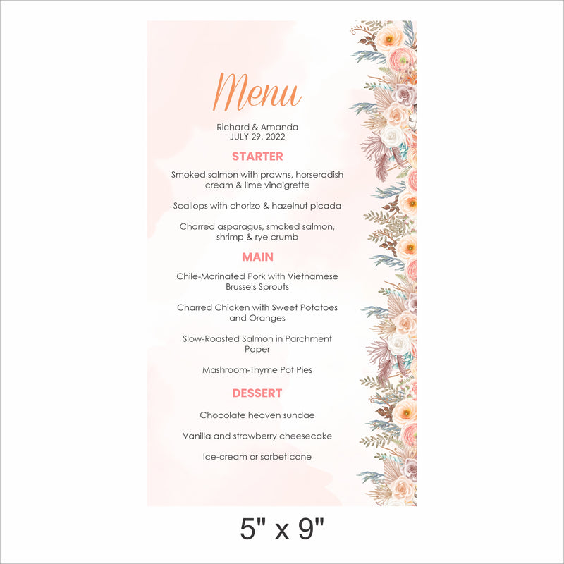 Boho Theme Wedding  Menu Card