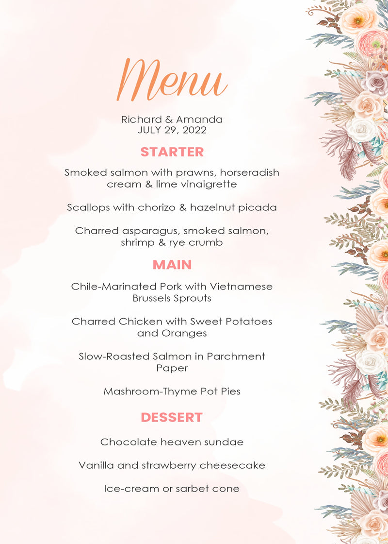 Boho Theme Wedding  Menu Card