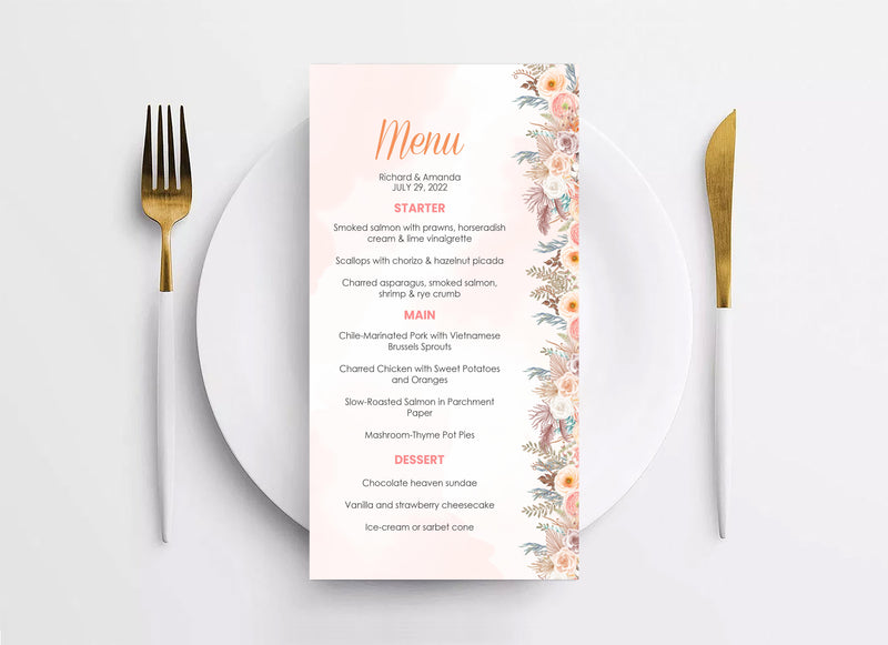 Boho Theme Wedding  Menu Card