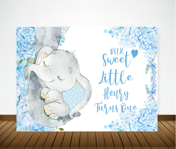 Baby Elephant Birthday Party Personalized Backdrop.