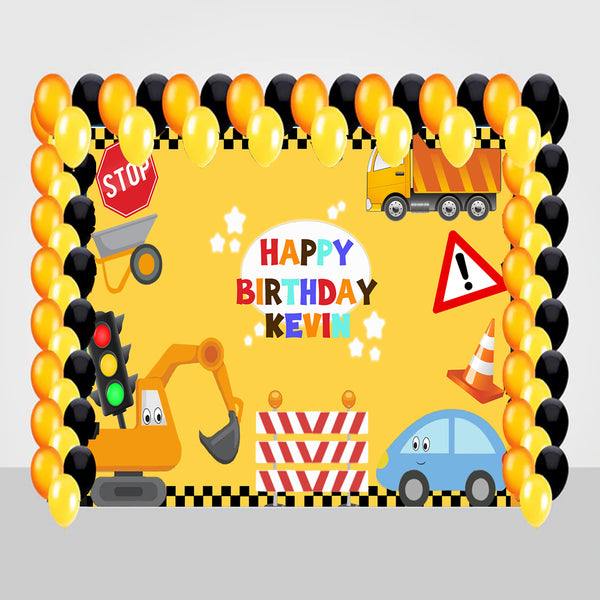 Construction Birthday Party Decoration Kit With Personalized Backdrop.