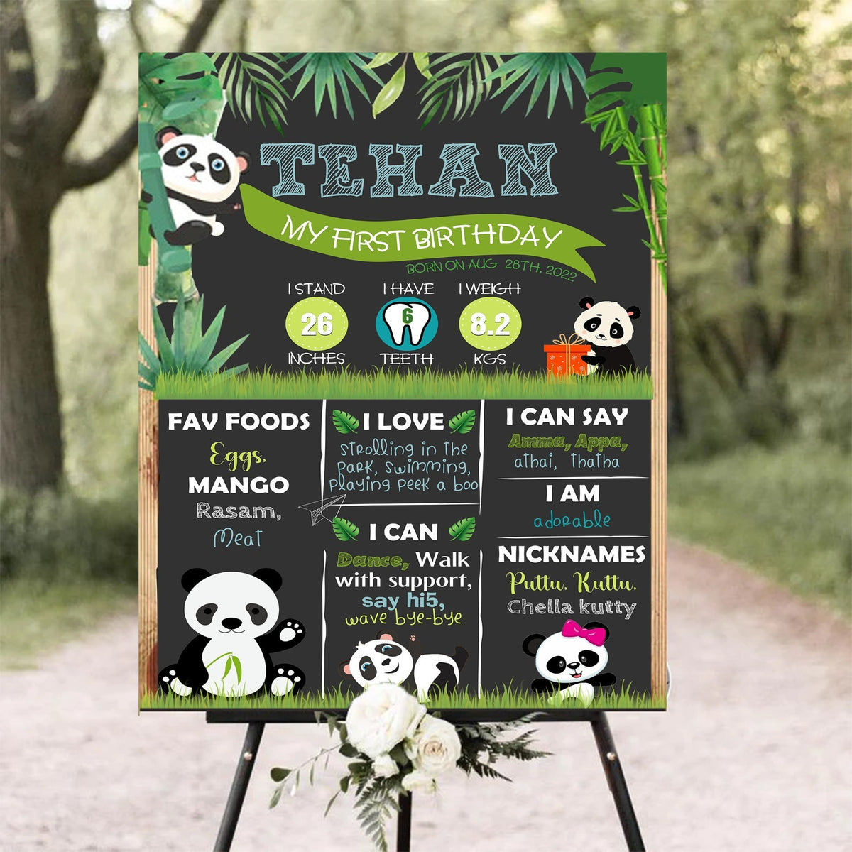 Panda Theme Customizable Milestone Sign/Board | Kids Birthday Decoration