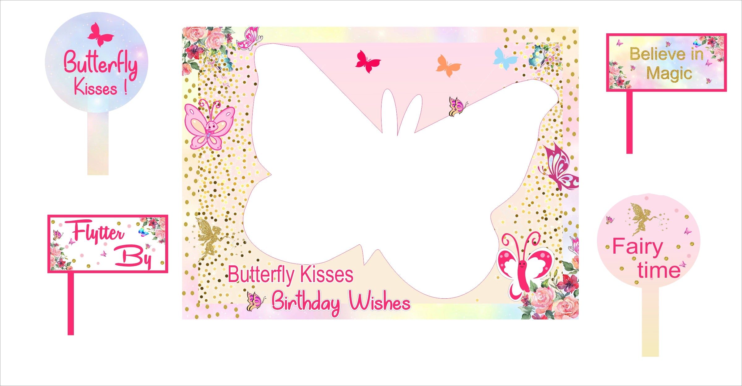 Butterflies and Fairies Theme Birthday Party Selfie Photo Booth Frame & Props