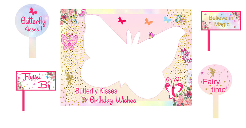 Butterflies and Fairies Theme Birthday Party Selfie Photo Booth Frame & Props