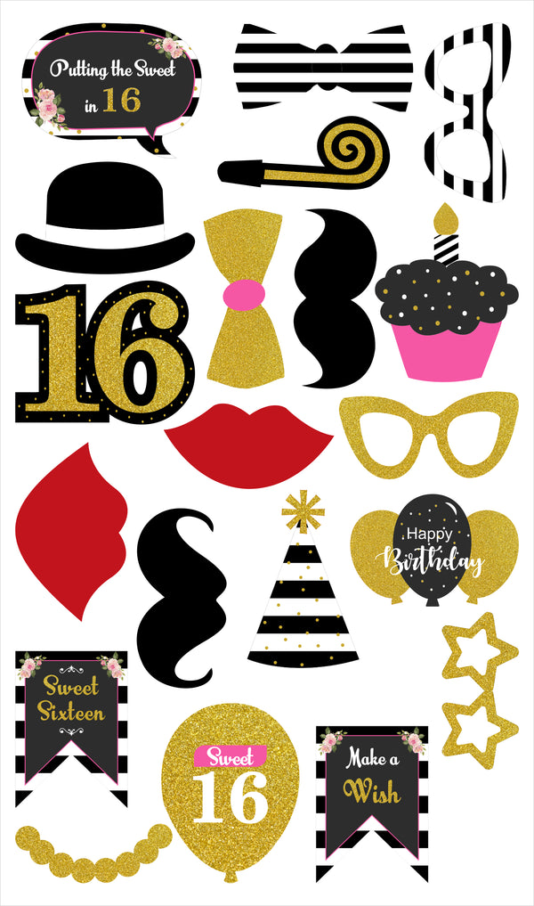 16th Theme Birthday Party Photo Booth Props Kit