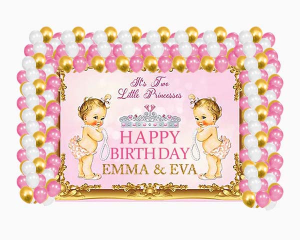 Twin Girls Birthday Party Decoration Kit With Personalized Backdrop.