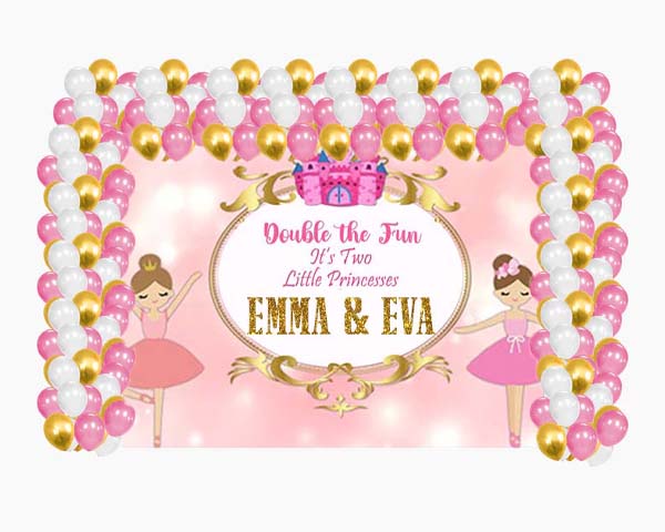 Twin Girls Birthday Party Decoration Kit With Personalized Backdrop.