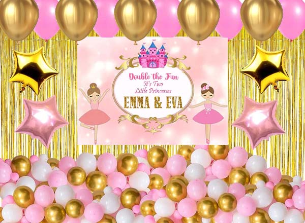 Twin Girls Birthday Party Complete Set with Personalized Backdrop