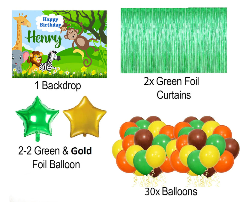 Jungle Safari Theme Birthday Party Complete Set with Personalized Backdrop