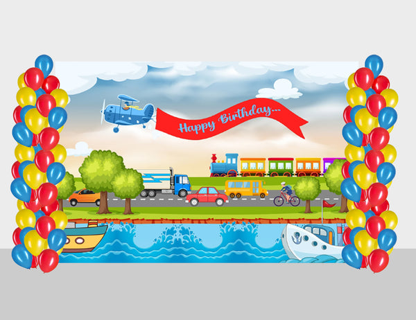 Transport Birthday Party Decoration Kit With Personalized Backdrop.