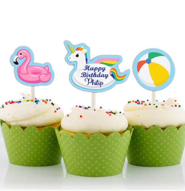 Pool Party Theme Birthday Cupcake Toppers for Decoration