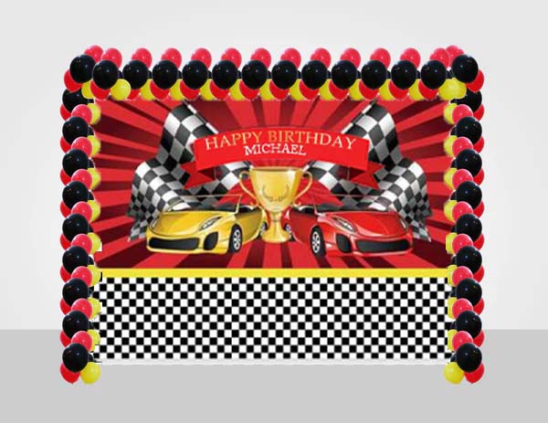 Racing Car Birthday Party Decoration Kit With Personalized Backdrop.