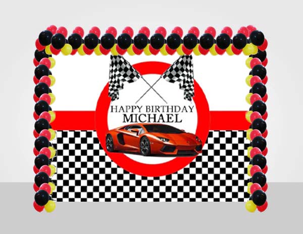 Racing Car Birthday Party Decoration Kit With Personalized Backdrop.