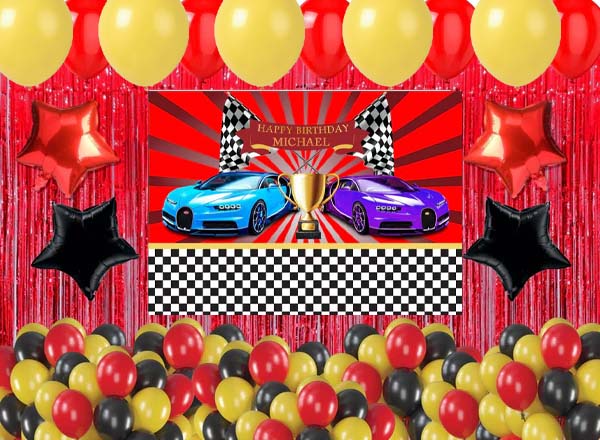 Racing Car Theme Birthday Complete Party Set With Personalized Backdrop
