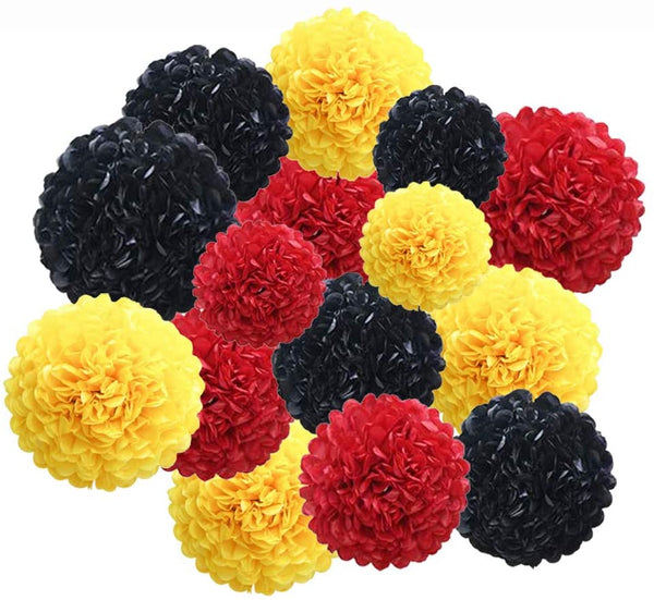 Red, Yellow And Black Pom Pom Flower Decoration For Birthday Parties, Anniversary Party & Baby Shower
