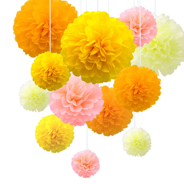 Orange, Pink, Yellow And Ivory Pompom Flower Decoration
