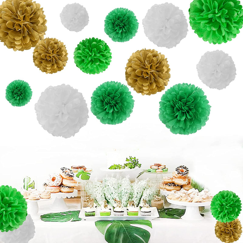 Green White  and Gold Tissue Paper Pompom for Decorations