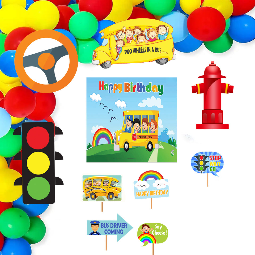 Wheels on the Bus Theme Party Complete Set for Decoration with Personalized Backdrop